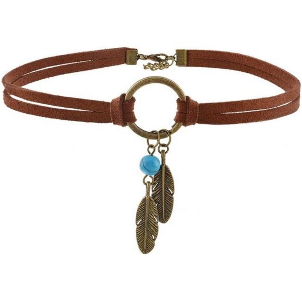 Native American Bohemian Feather Charm Handmade PU Leather Choker Necklace